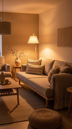 showing cozy living room interior with a comfortable sofa, floor lamp, and warm ambient lighting. resolution use.の素材