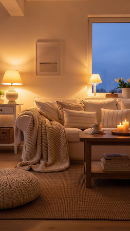 Coffee showing cozy living room interior with a comfortable white sofa draped in a chunky knit blanket and illuminated by warm table lamps creating a serene evening...の素材