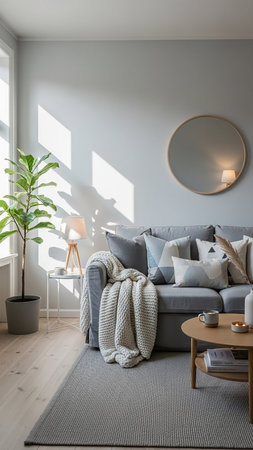 Cushions showing cozy scandinavian living room with gray sofa, knitted blanket, geometric cushions, and natural light. resolutionの素材