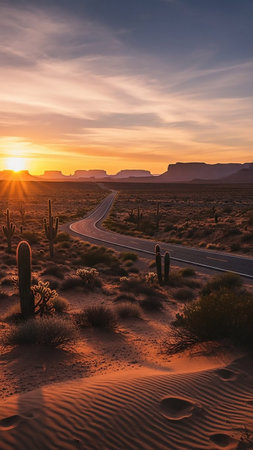 A winding asphalt road cuts through an arid desert landscape dotted with saguaro cacti, leading towards distant mesas at sunset.の素材
