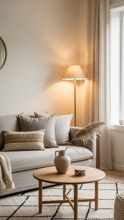 Casting showing cozy scandinavian living room interior with a comfortable light gray sofa adorned with textured pillows and a woven throw blanket next to a round...の素材