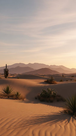 Dunes showing expansive desert landscape at sunset with rolling sand dunes and silhouetted mountains under a softly lit sky featuring cacti and yucca plants casting...の素材