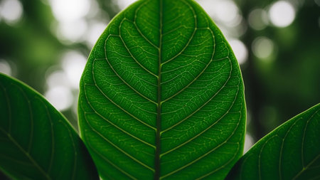 A detailed macro view of a bright green leaf reveals its complex vein structure and textured surface, set against a softly blurred natural background.の素材