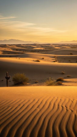 A vast desert landscape at sunset, featuring rolling sand dunes with rippling textures. A tall saguaro cactus stands to the left, with hazy mountains in the distance.の素材