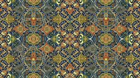 An intricate and colorful Persian carpet pattern with symmetrical floral and geometric motifs in deep blues, greens, oranges, and gold accents.の素材