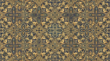 A detailed and repeating floral pattern in gold, deep blue, and muted green creates an ornate and antique aesthetic, decorative backgrounds.の素材