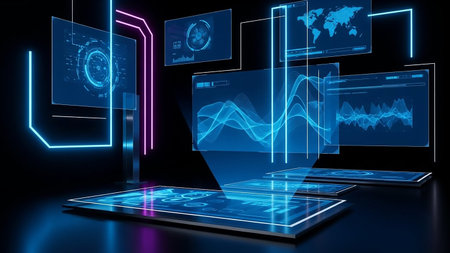 showing futuristic digital display with holographic blue and pink neon lights showing data graphs and map. resolution use.の素材