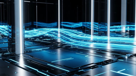 A futuristic digital landscape featuring glowing blue light trails flowing through a dark, reflective environment with vertical white lights and geometric structures.の素材