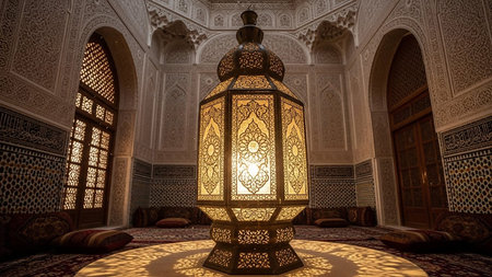 Ornate showing grand ornate lantern illuminating an intricate islamic interior with geometric patterns and seating areas. resolutionの素材