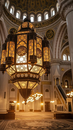 Islamic showing grand islamic mosque interior featuring a massive ornate hanging lantern illuminated with warm light, showcasing intricate arabic calligraphy on the...の素材