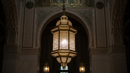 A large, ornate Islamic lantern glows brightly, suspended within a mosque featuring arched doorways and detailed decorative patterns on the walls.の素材