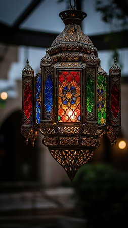 Glow showing intricate antique moroccan lantern with stained glass panels in vibrant red blue yellow green and orange colors casting a warm glow and intricate...の素材