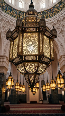 An ornate antique Islamic lantern with detailed geometric patterns and Arabic calligraphy hangs prominently within a mosque, surrounded by other illuminated lanterns.の素材