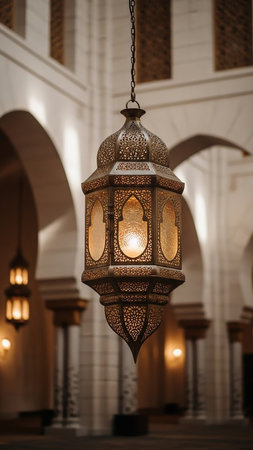 Islamic showing intricate antique islamic lantern with ornate metalwork and glowing warm light hanging in a grand architectural interior with arched doorways and...の素材