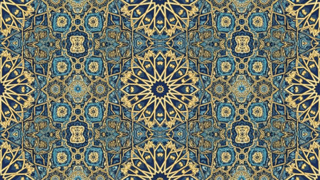 Blue showing intricate geometric pattern with blue and gold arabesque motifs repeating in a symmetrical mandala evoking islamic and traditional ornamentation.の素材