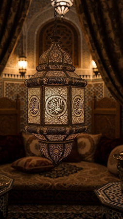 An antique Islamic lantern with intricate Arabic calligraphy and geometric patterns emits a warm golden light within a richly decorated room.の素材