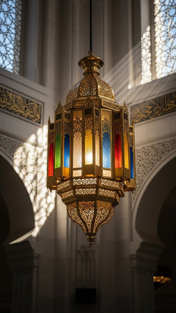 A detailed golden Islamic lantern with multi-colored glass panels hangs in a sunlit mosque, casting light and shadows on ornate walls.の素材