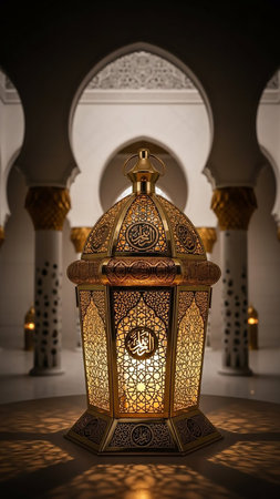 Detailed showing ornate golden islamic lantern with arabic calligraphy illuminated from within, set against the grand architectural arches and columns of a mosque...の素材