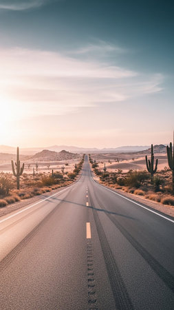A long asphalt road leads through a desert landscape dotted with saguaro cacti and distant mountains under a soft, hazy sky at dawn or dusk.の素材