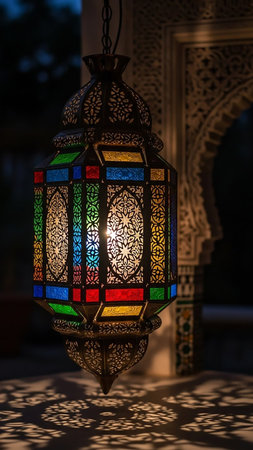 showing ornate moroccan lantern with colorful stained glass panels and intricate metalwork casting decorative shadows on a dark background. resolution...の素材