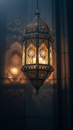 Ornate showing ornate moroccan lantern with intricate metalwork and glowing candles casting warm light and shadows. resolution use.の素材
