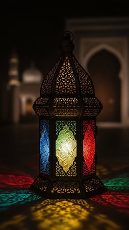 An intricately designed metal lantern glows with colorful blue green and red light casting patterned shadows on a dark surface.の素材