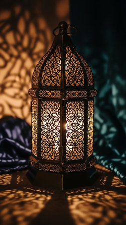 An ornate metal lantern with intricate cutouts casts warm golden light and complex shadow patterns on a dark, textured background, creating an atmospheric and...の素材