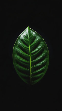 A single, richly textured green leaf with a clear central vein is sharply defined against a deep black background with dramatic lighting.の素材