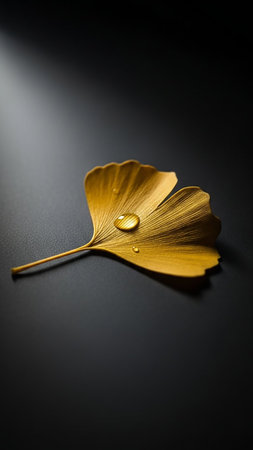 Leaf showing single golden ginkgo biloba leaf with a water droplet resting on its surface, set against a dark, subtly lit background keywords: ginkgo leaf, golden...の素材