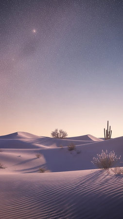 Dunes showing starry desert night sky over sand dunes with cacti and sparse vegetation. resolution use.の素材