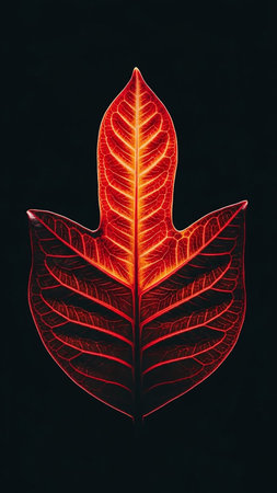 showing striking red and yellow leaf vein pattern illuminated against a deep black background with dramatic lighting. resolutionの素材