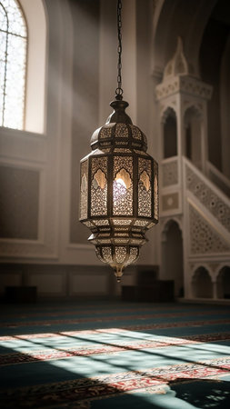 showing sunlight streams through arched windows illuminating a mosque interior with a patterned carpet and a hanging ornate moroccan lantern casting light and...の素材