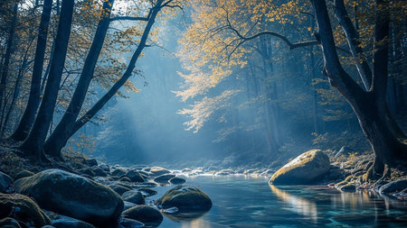 A tranquil forest stream flows over mossy rocks with sunlight filtering through autumn trees creating a misty blue and golden atmosphere in the woodland.の素材