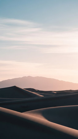 Natural showing vast desert landscape with rolling sand dunes and distant hazy mountains under a soft pastel sky keywords: desert, sand dunes, landscape, nature,...の素材