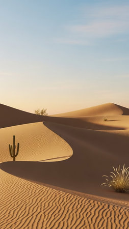 A wide desert scene with undulating sand dunes casting shadows under a bright, clear blue sky, featuring a saguaro cactus.の素材