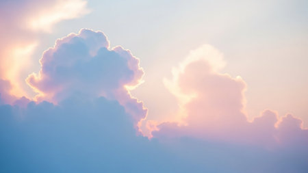 Light showing soft pastel colored cumulus clouds illuminated by golden sunset light creating a serene and dreamy sky atmosphere with gentle hues of pink blue and...の素材
