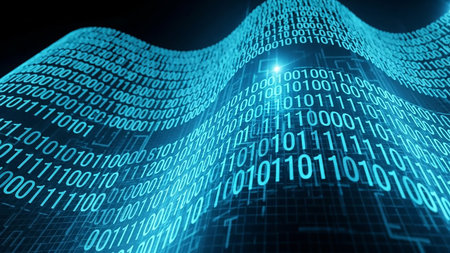 Blue showing wavy digital data stream of blue binary code with grid pattern and light effects. resolution use.の素材