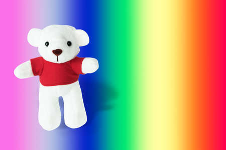 A lovely white bear doll standing in front of rainbow, beautiful with colorful background for greeting, inviting, happiness festival, abstract pictureの写真素材