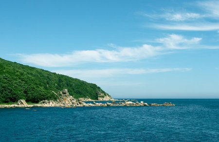 Sunny day on coast of the Japanese seaの写真素材