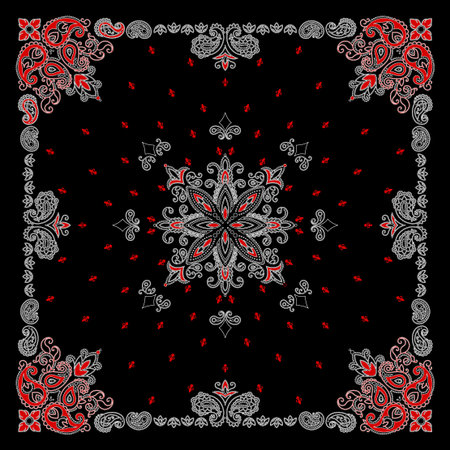 Vector ornament paisley Bandana Print, silk neck scarf or kerchief square pattern design style for print on fabric.のイラスト素材