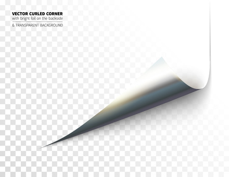 Vector realistic curled corner with bright reflection foil on the backside and shadow. Transparent background realistic vector illustration.のイラスト素材