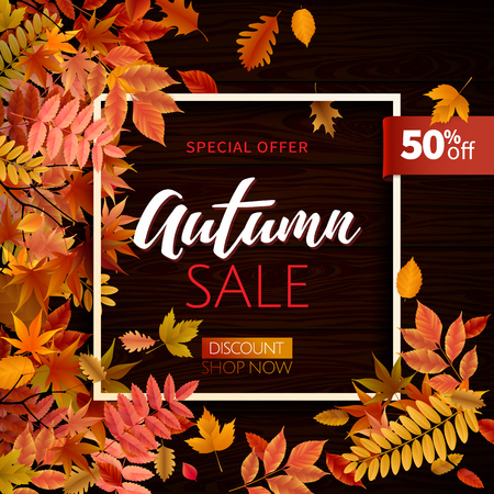 Bright banner for autumn sale in frame from leaves on a wooden background. Vector illustration.のイラスト素材