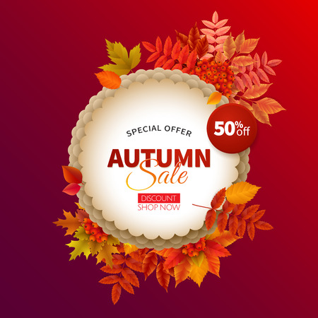 Bright banner for autumn sale in frame from leaves. Vector illustration.のイラスト素材