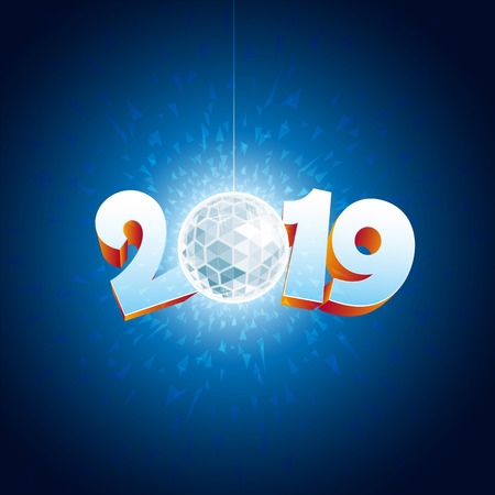 Vector illustration of happy new year 2019 and Disco Ball with reflections.のイラスト素材