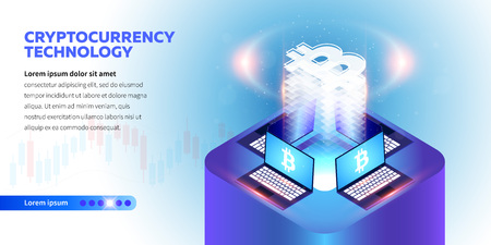 Isometric Cryptocurrency technology banner. Blockchain technology, cryptocurrency and a digital payment network for financial transactions. Abstract blue background with bitcoin simbol.のイラスト素材