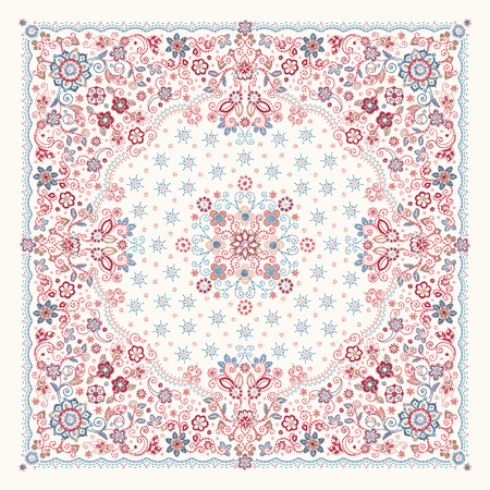 Vector ornament Embroidery floral Bandana Print, silk neck scarf or kerchief square pattern design style for print on fabric. Embroidery for fashion products.のイラスト素材