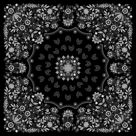 Vector ornament Embroidery floral Bandana Print, silk neck scarf or kerchief square pattern design style for print on fabric. Embroidery for fashion products.のイラスト素材