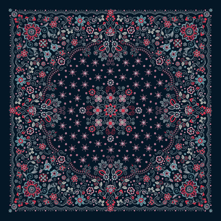 Vector ornament Embroidery floral Bandana Print, silk neck scarf or kerchief square pattern design style for print on fabric. Embroidery flowers for fashion products.のイラスト素材