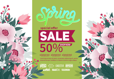 Spring background with green leaves and flowers on trendy geometric backdrop. Vector illustration. Fresh template design for posters, flyers or vouchers.のイラスト素材
