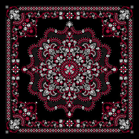 Vector ornament paisley, skulls and bones Bandana Print, fabric neck scarf or kerchief square pattern Pirate design style for print on textile.のイラスト素材